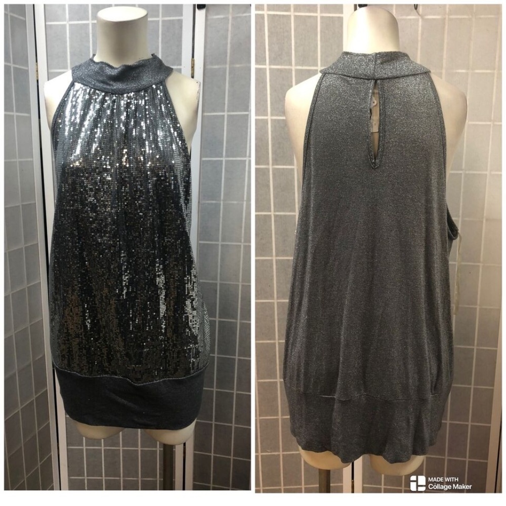 ING,Woman, Long Blouse Sequins Party, Silver,Size XL, Sleeveles, Halter.!